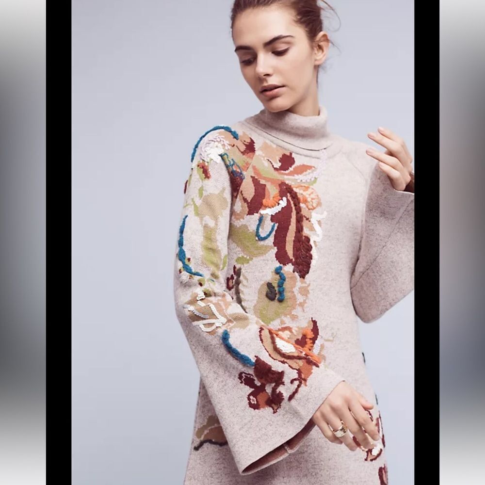 Anthropologie knitted and knotted petals swing dress sweater dress embroidered - Picture 2 of 12